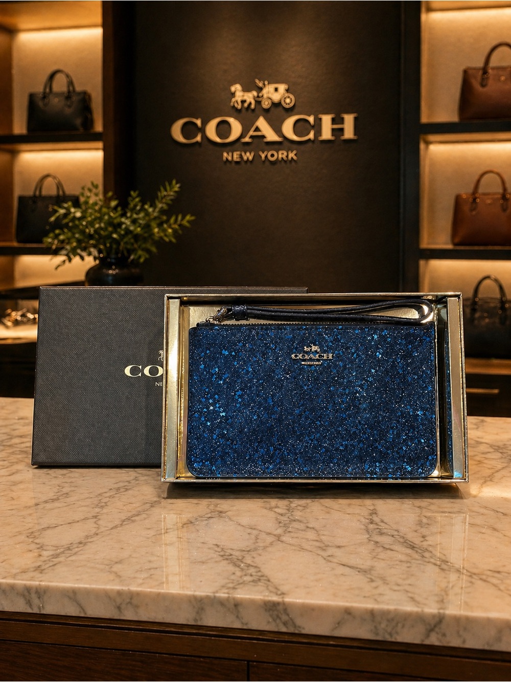 Coach Metallic Blue Star Glitter Small Wristlet Boxed Gift NIB